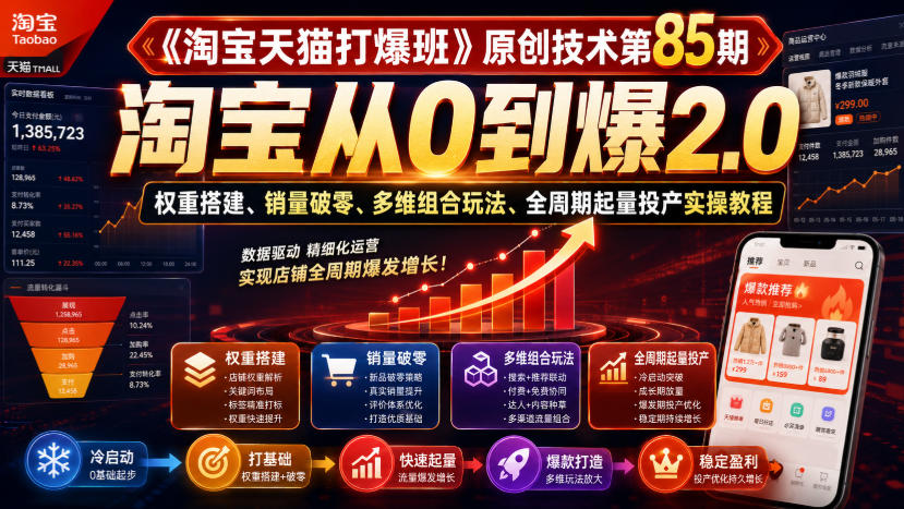 《淘宝天猫打爆班》原创技术第85期，淘宝从0到爆2.0，权重搭建、销量破零、多维组合玩法、全周期起量投产实操教程-hcnxn