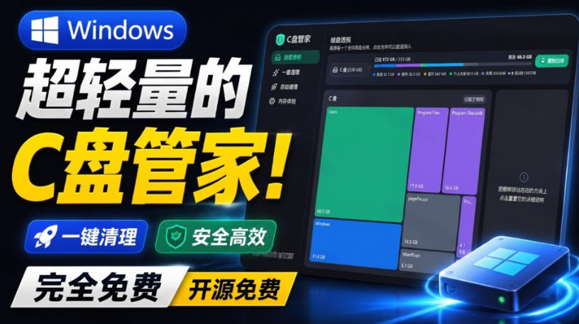Windows超轻量的C盘管家！超级有特点，支持磁盘分析及清理提醒，2M大小体积，完全免费C盘管家-hcnxn