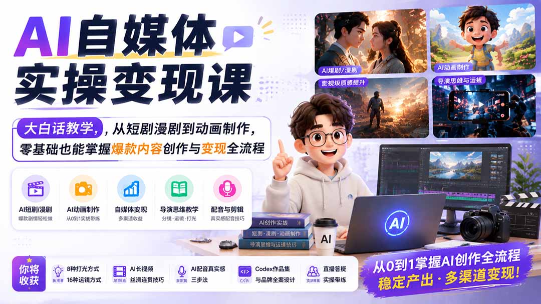AI自媒体实操变现课｜大白话教学，从短剧漫剧到动画制作，零基础也能掌握爆款内容创作与变现全流程-hcnxn