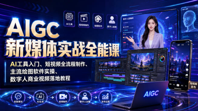 AIGC新媒体实战全能课｜AI工具入门、短视频全流程制作、主流绘图软件实操、数字人商业视频落地教程-hcnxn