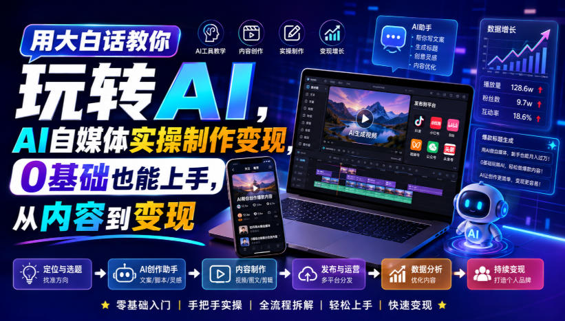 用大白话教你玩转AI，AI自媒体实操制作变现，0基础也能上手，从内容到变现-hcnxn