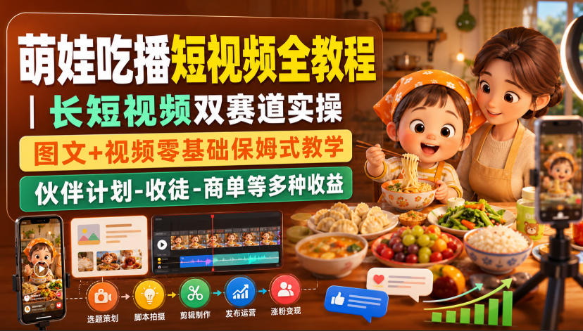 萌娃吃播短视频全教程｜长短视频双赛道实操，图文+视频零基础保姆式教学，伙伴计划-收徒-商单等多种变现方式-hcnxn