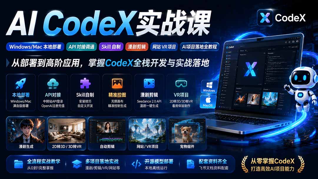 AI  CodeX实战课｜Windows/Mac 本地部署｜API 对接调通｜Skill 自制｜漫剧剪辑｜网站 VR 项目｜AI项目落地全教程-hcnxn