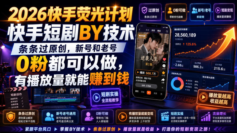 2026快手荧光计划，快手短剧搬运技术，条条过原创，新号和老号0粉都可以做，有播放量就能賺到钱-hcnxn