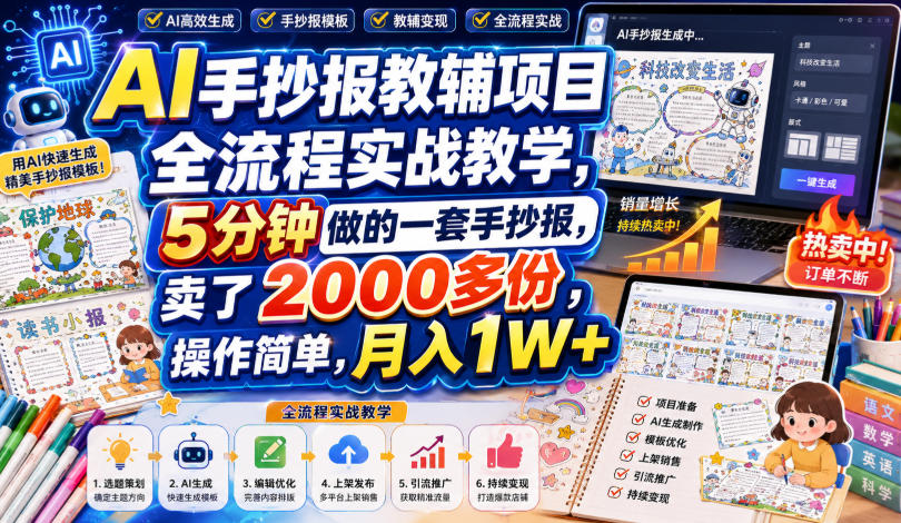 AI手抄报教辅项目全流程实战教学，5分钟做的一套手抄报，卖了2000多份，操作简单，月入1W+-hcnxn