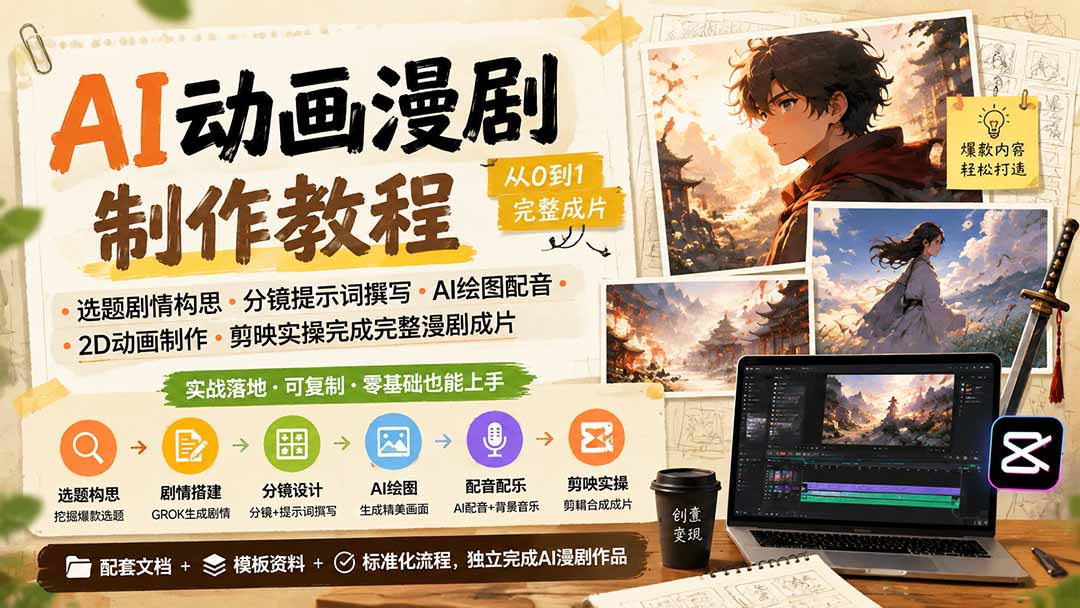 AI动画漫剧制作教程｜选题剧情构思·分镜提示词撰写·AI绘图配音·2D动画制作·剪映实操完成完整漫剧成片-hcnxn