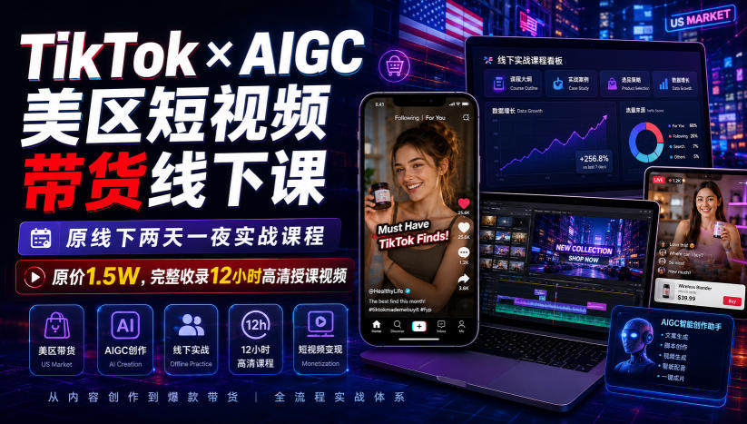 TikTok×AIGC美区短视频带货线下课，原线下两天一夜实战课程，原价1.5W，完整收录12小时高清授课视频-hcnxn