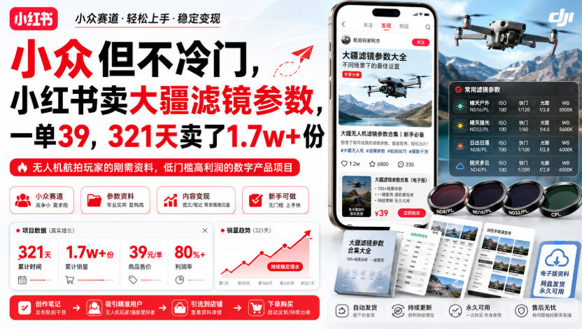 小众但不冷门，小红书卖大疆滤镜参数，一单39，321天卖了1.7w+份-hcnxn