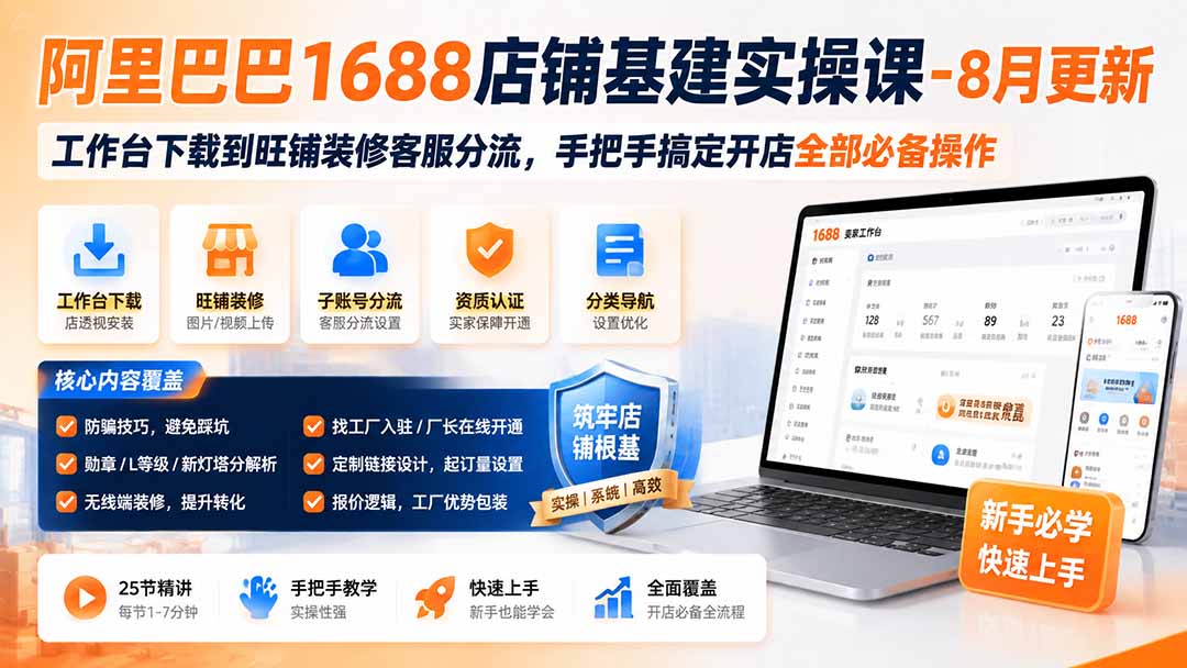 阿里巴巴1688店铺基建实操课-8月更新；工作台下载到旺铺装修客服分流，手把手搞定开店全部必备操作-hcnxn