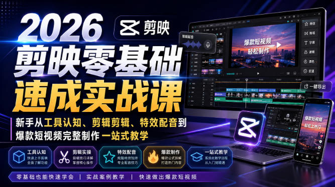 2026剪映零基础速成实战课｜新手从工具认知、剪辑剪辑、特效配音到爆款短视频完整制作一站式教学-hcnxn