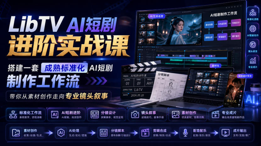 LibTV AI短剧进阶实战课，搭建一套成熟标准化AI短剧制作工作流，带你从素材创作走向专业镜头叙事-hcnxn