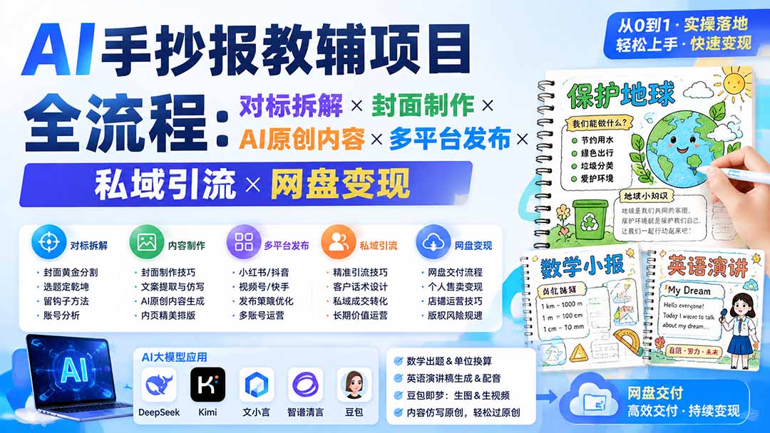 AI手抄报教辅项目全流程：对标拆解×封面制作×AI原创内容×多平台发布×私域引流×网盘变现-hcnxn
