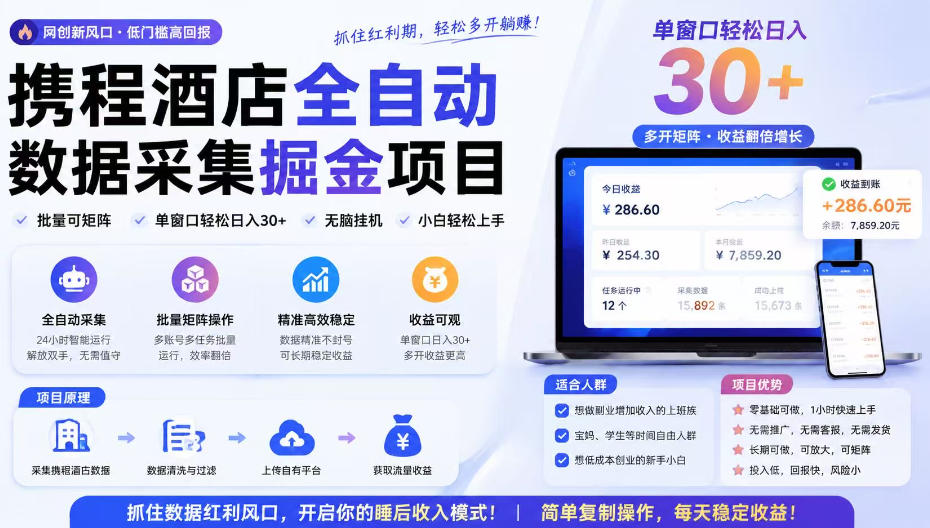 携程酒店采集挂G项目，批量可矩阵，单机轻松日入300+，开启你的睡后收入模式!【揭秘】-hcnxn