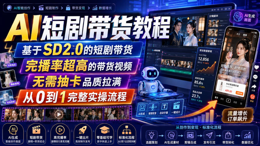 AI短剧带货教程，基于SD2.0的短剧带货，完播率超高的带货视频，无需抽卡品质拉满，从0到1完整实操流程-hcnxn