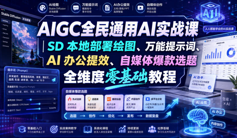 AIGC全民通用AI实战课｜SD本地部署绘图、万能提示词、AI办公提效、自媒体爆款选题全维度零基础教程-hcnxn