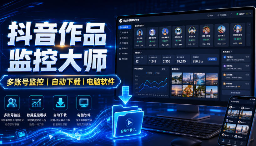抖音作品监控大师，多账号监控丨自动下载丨电脑软件-hcnxn