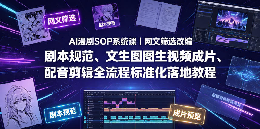 AI漫剧SOP系统课｜网文筛选改编、剧本规范、文生图图生视频成片、配音剪辑全流程标准化落地教程(更新0810)-hcnxn