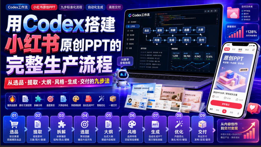 用Codex搭建小红书原创PPT的完整生产流程，从选品·提取·大纲·风格·生成·交付的九步法-hcnxn