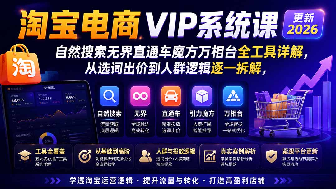 淘宝电商VIP系统课-更新8月；自然搜索无界直通车魔方万相台全工具详解，从选词出价到人群逻辑逐一拆解-hcnxn