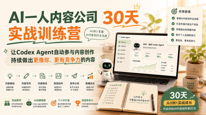 AI一人内容公司30天实战训练营，让Codex Agent自动参与内容创作持续做出更像你、更有竞争力的内容-hcnxn