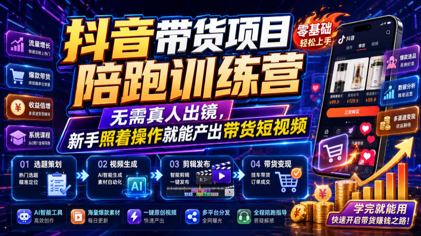 抖音带货项目陪跑训练营，无需真人出镜，新手照着操作就能产出带货短视频(更新0811)-hcnxn