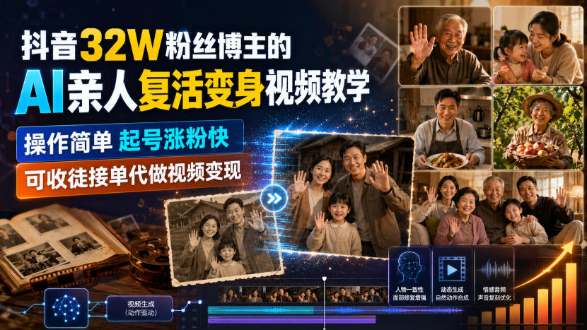 抖音32W粉丝博主的AI亲人复活变身视频教学，操作简单，起号涨粉快，可收徒接单代做视频变现-hcnxn