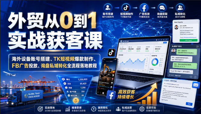 外贸从0到1实战获客课｜海外设备账号搭建、TK短视频爆款制作、FB广告投放、询盘私域转化全流程落地教程-hcnxn