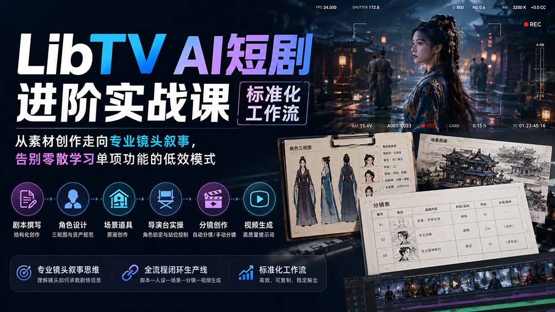 LibTV AI短剧进阶实操课标准化工作流；从素材创作走向专业镜头叙事，告别零散学习单项功能的低效模式-hcnxn
