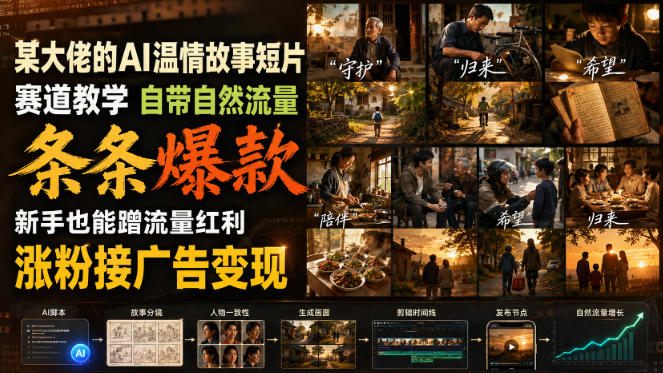 某大佬的AI温情故事短片赛道教学，自带自然流量，条条爆款，新手也能蹭流量红利，涨粉接广告变现-hcnxn