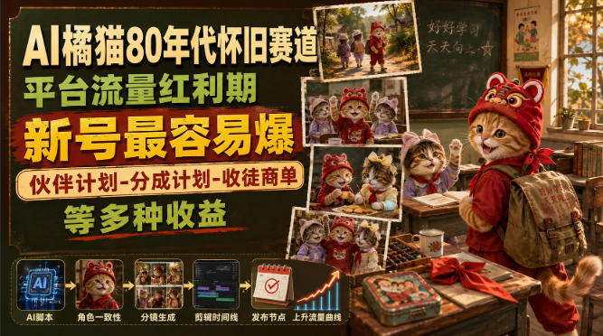 AI橘猫80年代怀旧赛道，平台流量红利期，新号最容易爆，伙伴计划-分成计划-收徒商单等多种收益-hcnxn