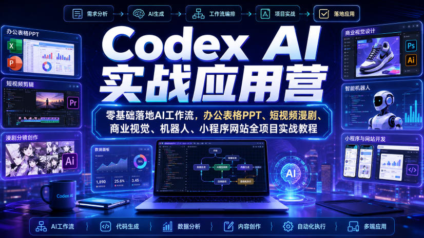 Codex AI实战应用营｜零基础落地AI工作流，办公表格PPT、短视频漫剧、商业视觉、机器人、小程序网站全项目实战教程-hcnxn