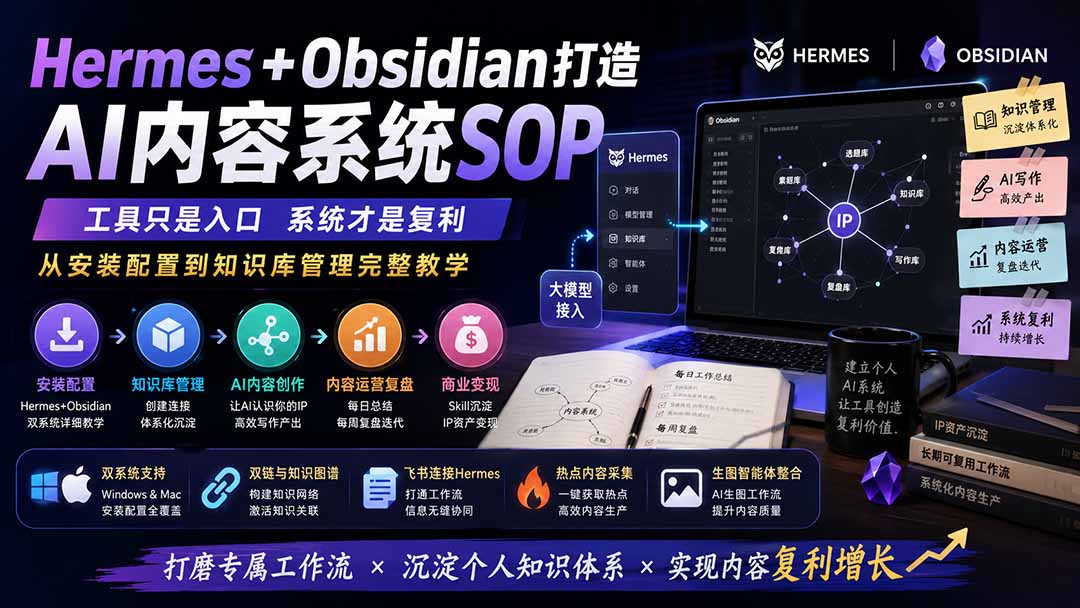 Hermes+Obsidian打造AI内容系统SOP；工具只是入口系统才是复利，从安装配置到知识库管理完整教学-hcnxn