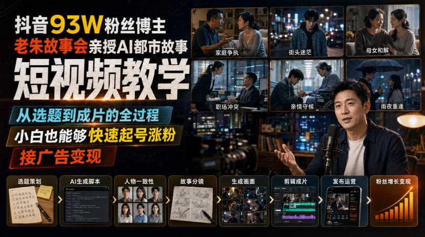 抖音93W粉丝博主老朱故事会亲授AI都市故事短视频教学，从选题到成片的全过程，小白也能够快速起号涨粉接广告变现-hcnxn