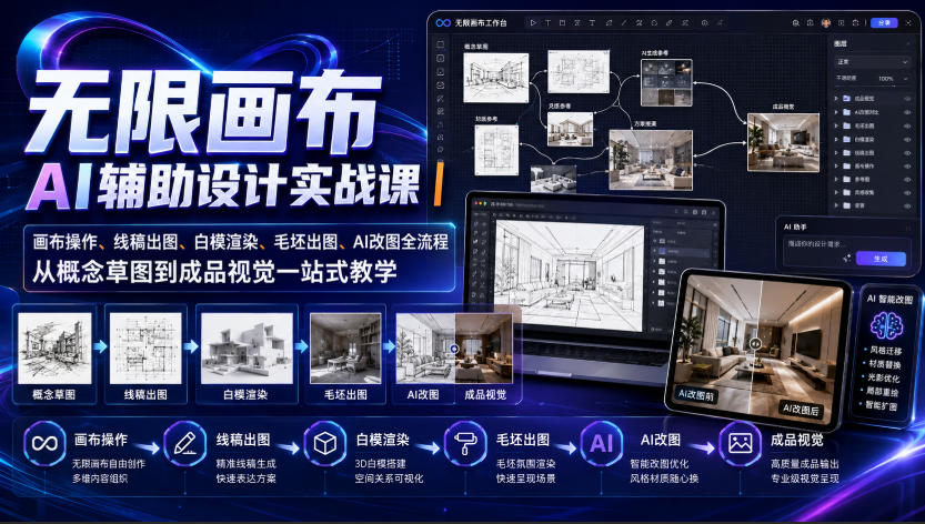无限画布AI辅助设计实战课｜画布操作、线稿出图、白模渲染、毛坯出图、AI改图全流程，从概念草图到成品视觉一站式教学-hcnxn