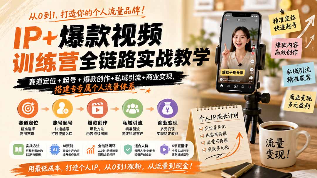 IP+爆款视频训练营全链路实战教学；赛道定位+起号+爆款创作+私域引流+商业变现，搭建专属个人流量体系-hcnxn
