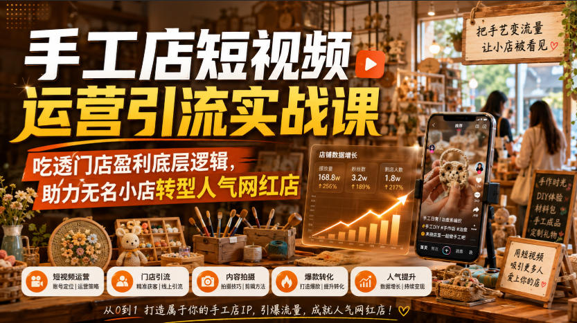 手工店短视频运营引流实战课，吃透门店盈利底层逻辑，助力无名小店转型人气网红店-hcnxn