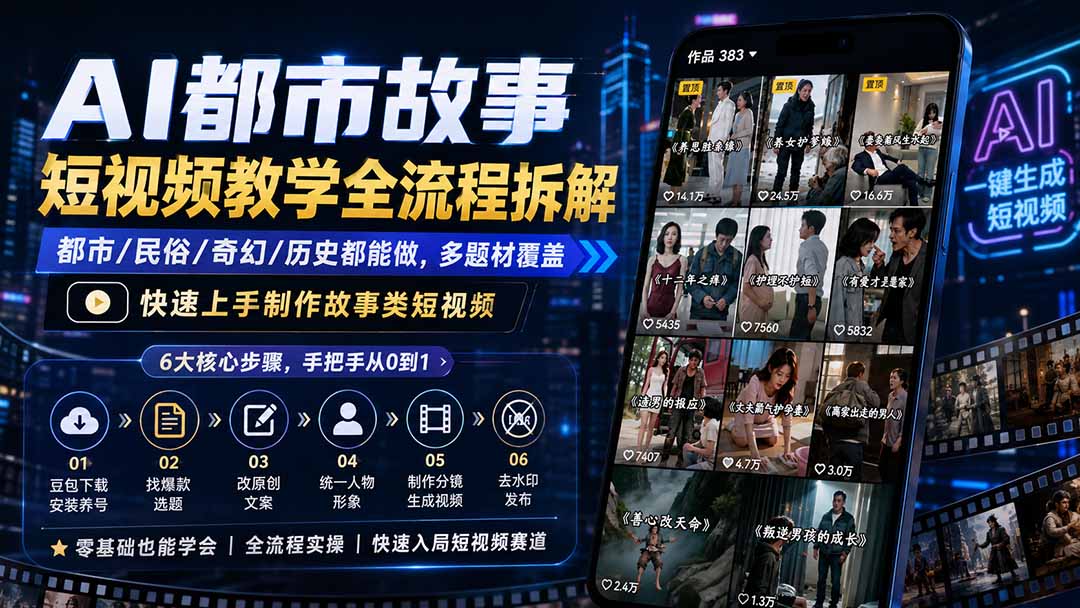 AI都市故事短视频教学全流程拆解；都市/民俗/奇幻/历史都能做多题材覆盖，快速上手制作故事类短视频-hcnxn