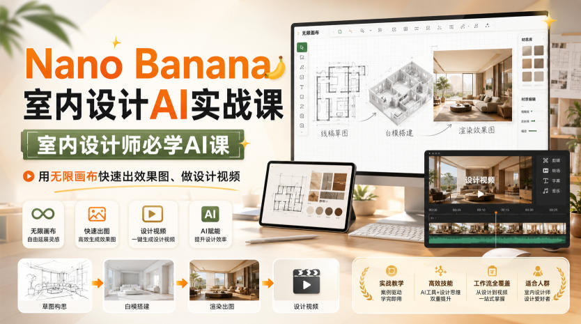 Nano Banana室内设计AI实战课，室内设计师必学AI课，用无限画布快速出效果图、做设计视频-hcnxn