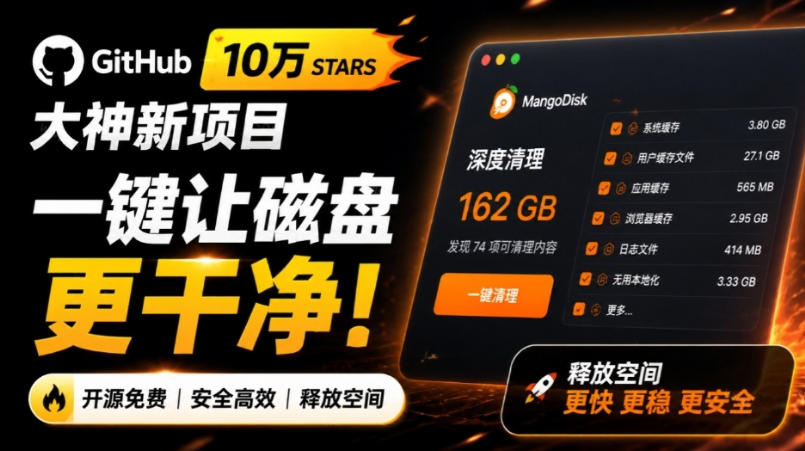 在Gtihub上做出10万stars的大神，又发布新项目了！一键让磁盘更干净，开源免费清理工具MangoDisk-hcnxn
