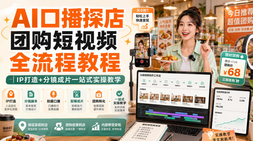 AI口播探店团购短视频全流程教程｜IP打造+分镜成片一站式实操教学-hcnxn