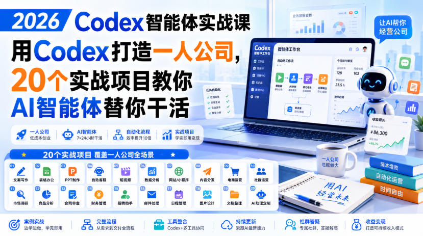 2026 Codex智能体实战课，用Codex打造一人公司，20个实战项目教你AI智能体替你干活-hcnxn