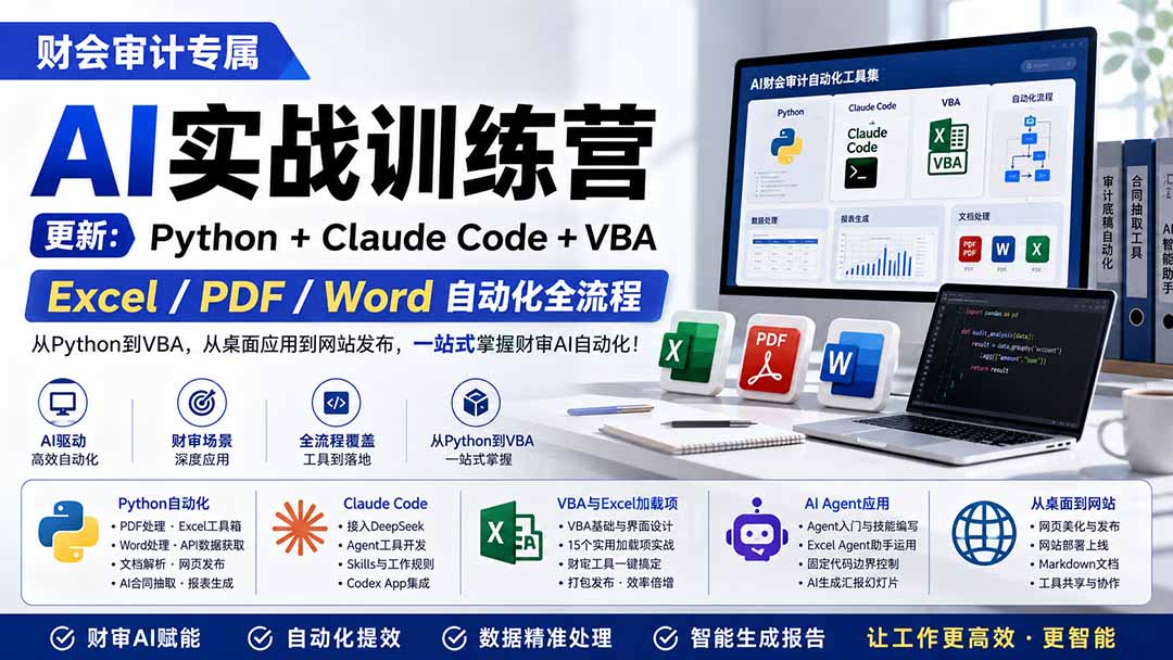 财会审计专属 AI实战训练营：Python+Claude Code+VBA，Excel/PDF/Word自动化全流程 (更新-hcnxn