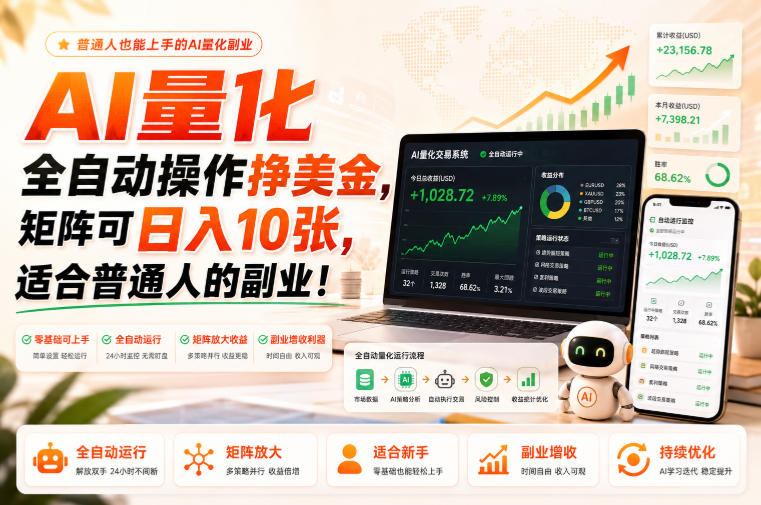 AI量化全自动操作挣美金，矩阵可日入10张，适合普通人的副业！【揭秘】-hcnxn