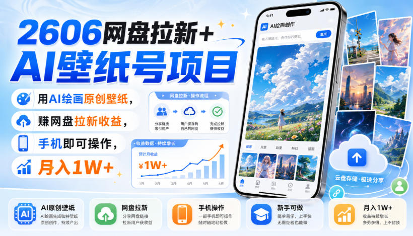 2606网盘拉新+AI壁纸号项目，用AI绘画原创壁纸，賺网盘拉新收益，手机即可操作，月入1W+-hcnxn