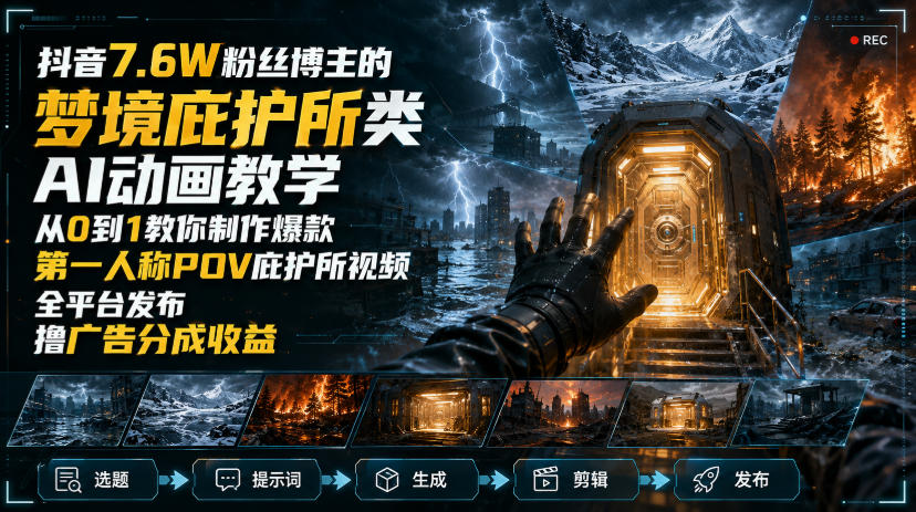 抖音7.6W粉丝博主的梦境庇护所类AI动画教学，从0到1教你制作爆款第一人称POV庇护所视频，全平台发布撸广告分成收益-hcnxn