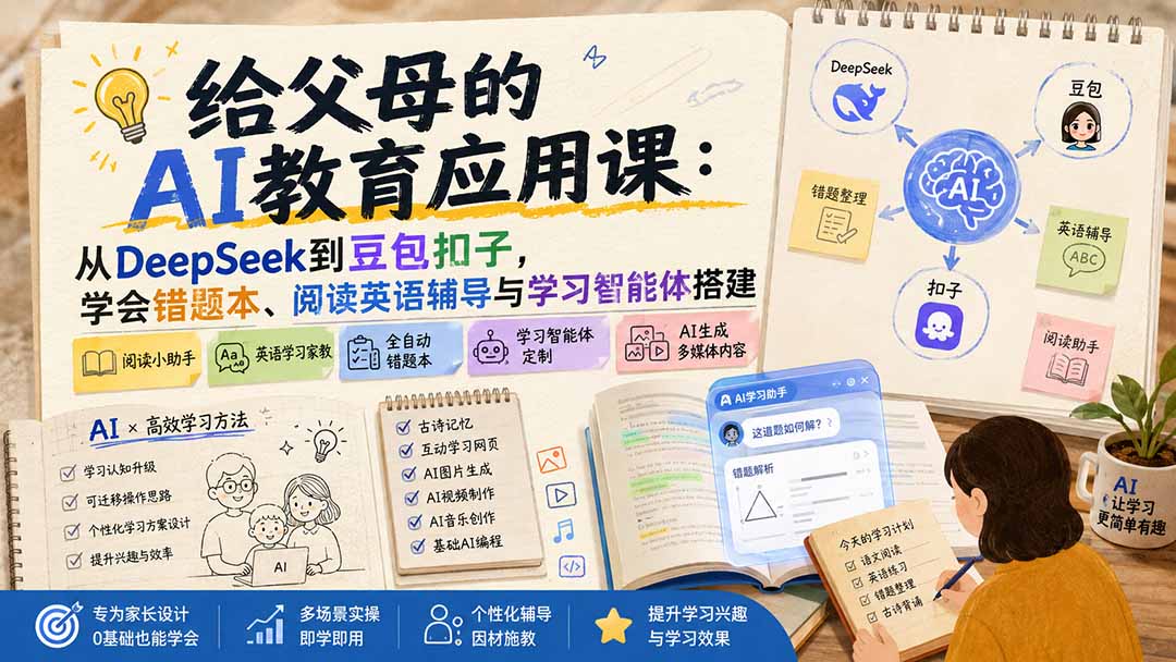 给父母的AI教育应用课：从DeepSeek到豆包扣子，学会错题本、阅读英语辅导与学习智能体搭建-hcnxn