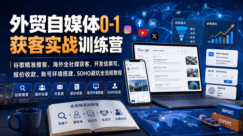 外贸自媒体0-1获客实战训练营｜谷歌精准搜客、海外全社媒获客、开发信撰写、报价收款、账号环境搭建、SOHO避坑全流程教程(更新)-hcnxn