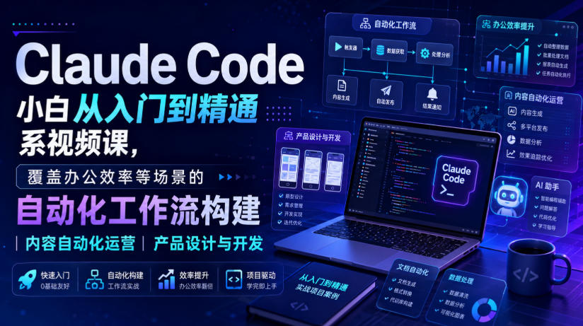Claude Code小白从入门到精通系视频课，覆盖办公效率等场景的自动化工作流构建|内容自动化运营|产品设计与开发-hcnxn