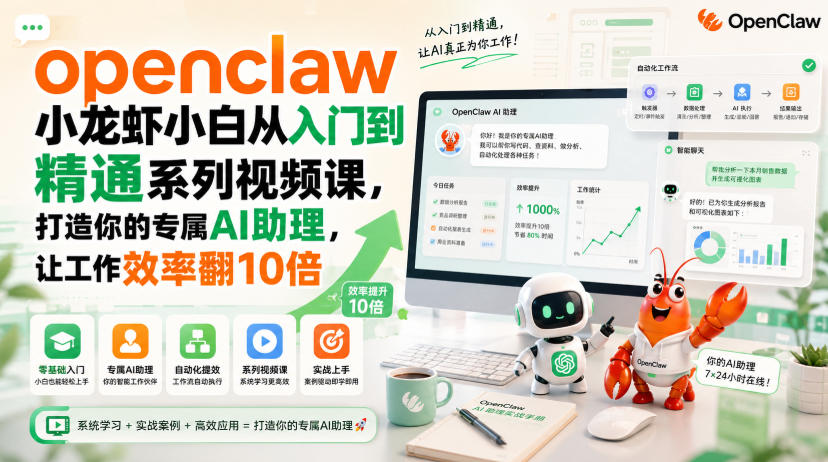 openclaw小龙虾小白从入门到精通系列视频课，打造你的专属AI助理，让工作效率翻10倍-hcnxn