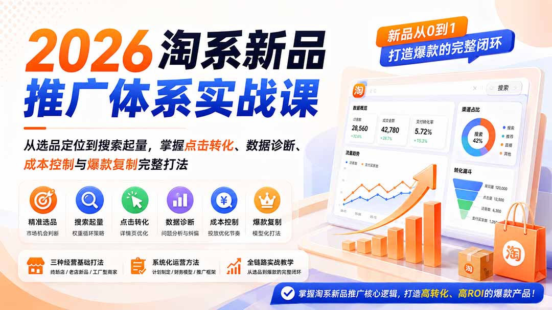 2026淘系新品推广体系实战课：从选品定位到搜索起量，掌握点击转化、数据诊断、成本控制与爆款复制完整打法-hcnxn